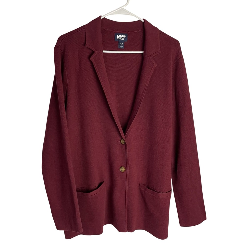 Lands End Womens Knit Cardigan Blazer Size XLP/18 Burgundy Cotton Sweater Jacket